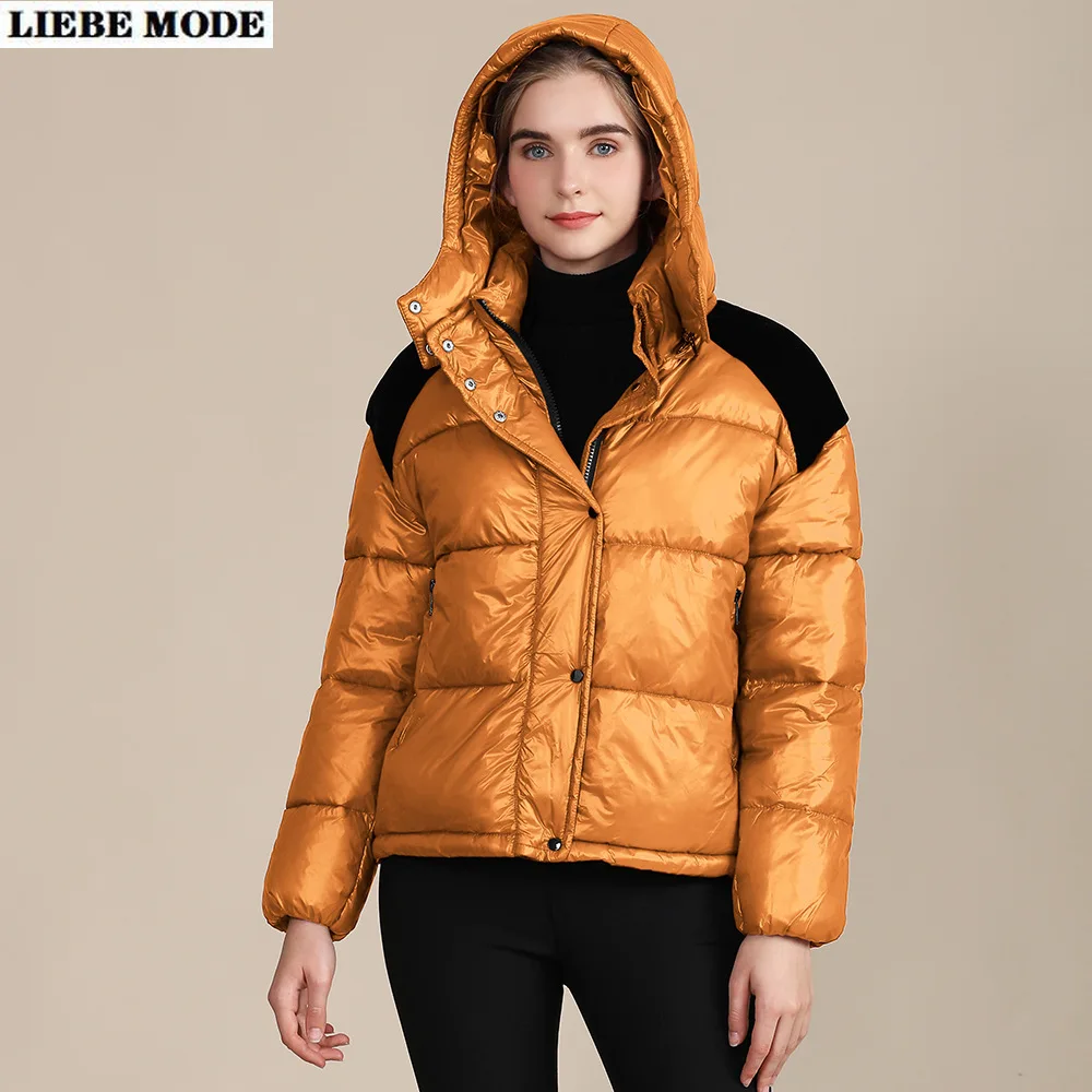 

Womens Streetwear Shiny Cropped Puffer Hooded Parka Jacket Women Fashion Warm Bubble Coat Woman Cotton-padded Outerwear Ladies