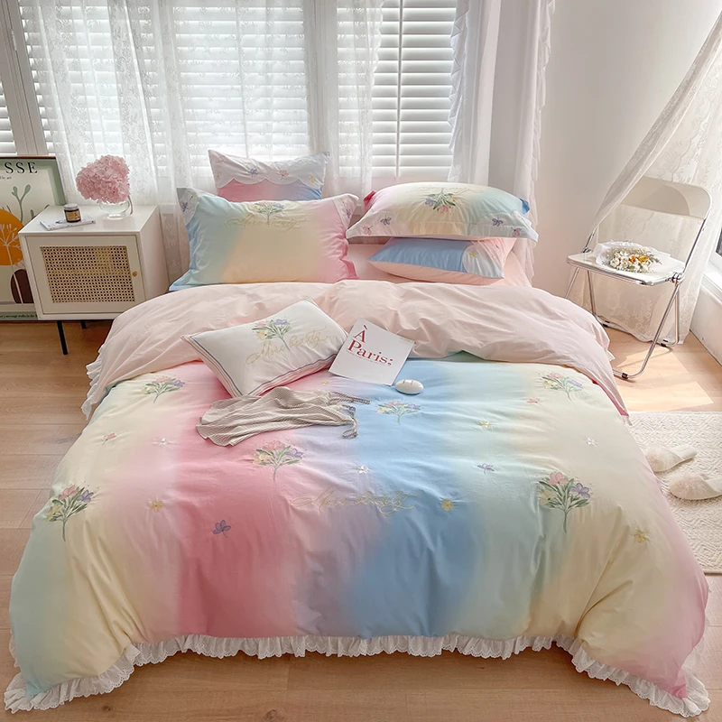 

Soft Cozy Washed Cotton Flowers Embroidery Princess Bedding Set Rainbow Color Ruffles Duvet Cover Flat/Fitted Sheet Pillowcases
