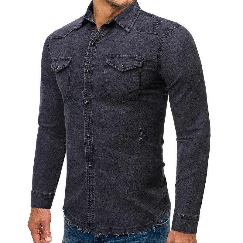 New Men's Shirts Denim Fashion Casual Jeans Jackets Long Sleeve Pocket Slim Fit Button Autumn Solid Color Turn Down Collar Tops | Мужская