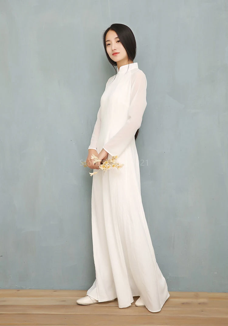 Vietnam Ao Dai White Solid Chiffon Perspective Dress for Woman Chinese Cheongsams Full Sleeve Female Oriental Dress