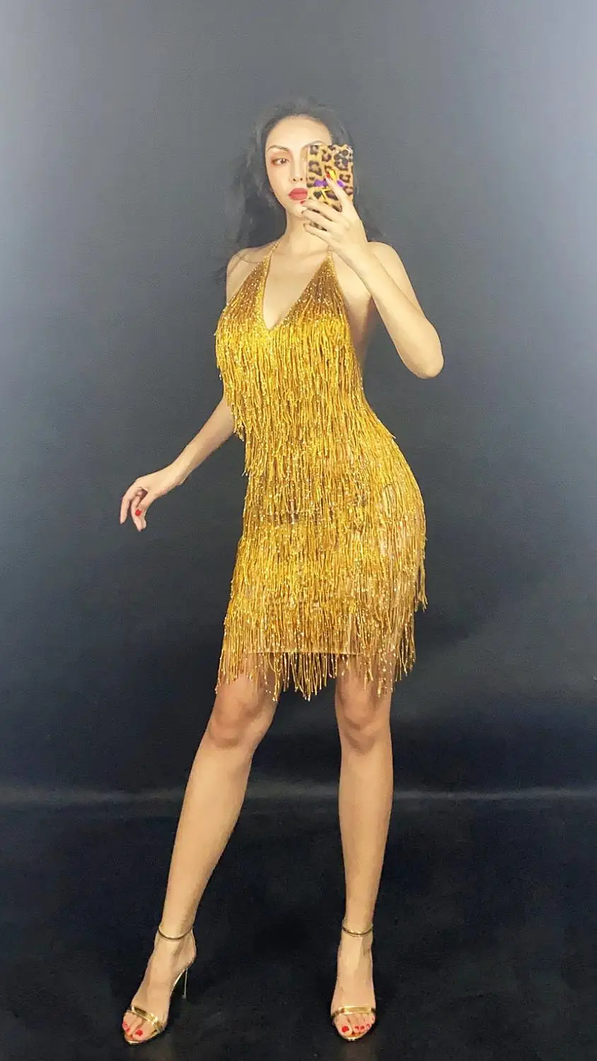 

11 Colors Gold Fringe Backless Spandex Short Dress Bar Prom Women Dancer DS Singer Outfit Birthday Celebrate Dress