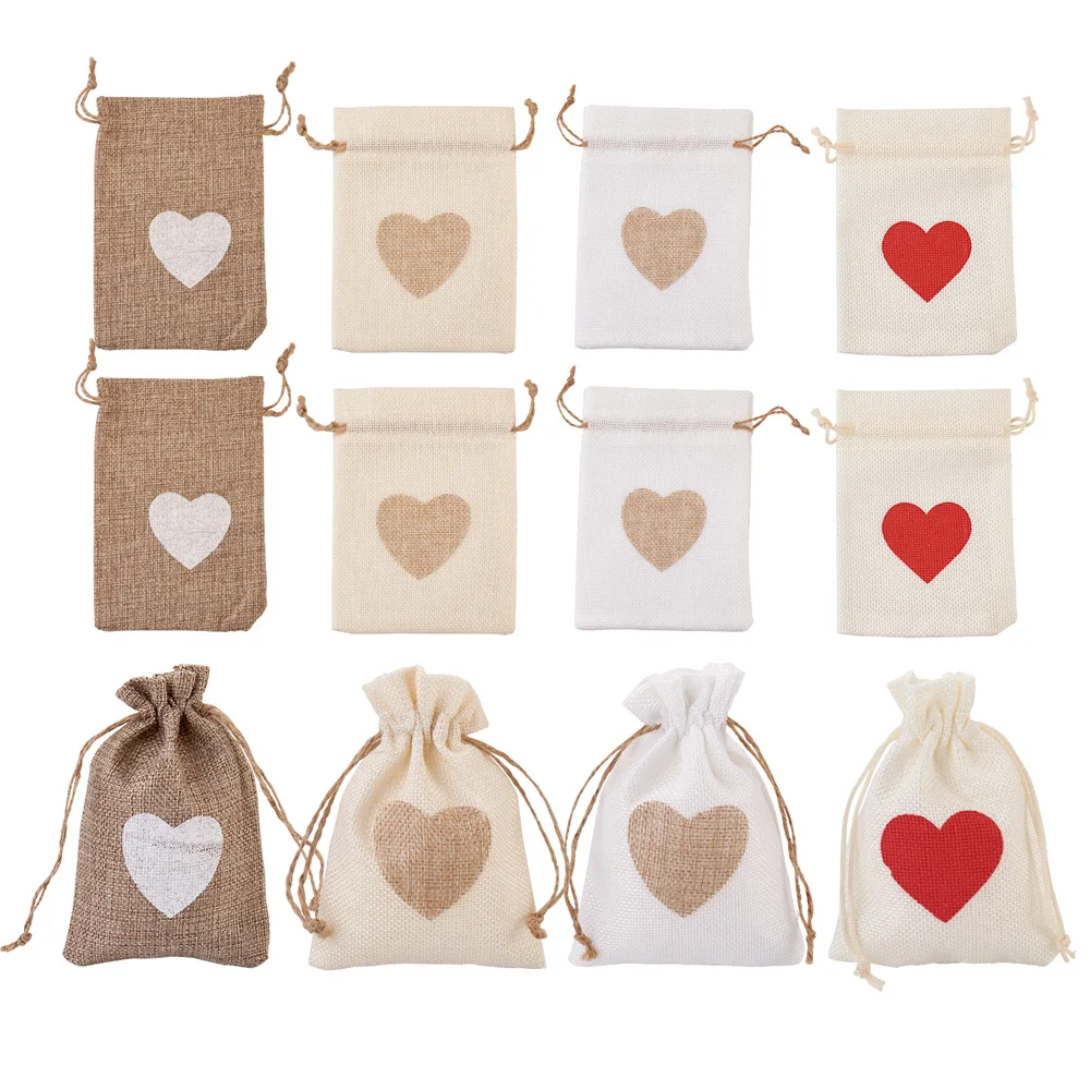 Burlap Packing Pouches, Drawstring Bags, Rectangle with Heart Pattern, Mixed Color, 14.2~14.5x10cm, 24pcs/set