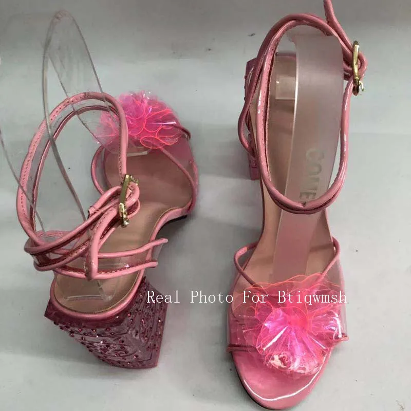 Green Crystal Sandals Women Open Toe Flower Rhinestone Ankle Strap Transparent High Heel Shoes Woman Fashion Wedding Shoes