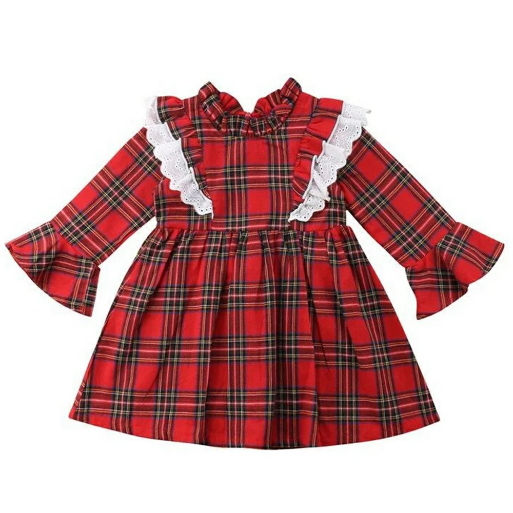 Хлопковое платье для девочек красное в клетку зима 2019 праздничное с длинным