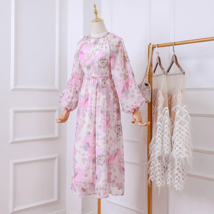 WHITNEY WANG 2020 Spring Fashion Lantern Sleeve Printed Chiffon Dress Women Holiday Beach Lady Party | Женская одежда