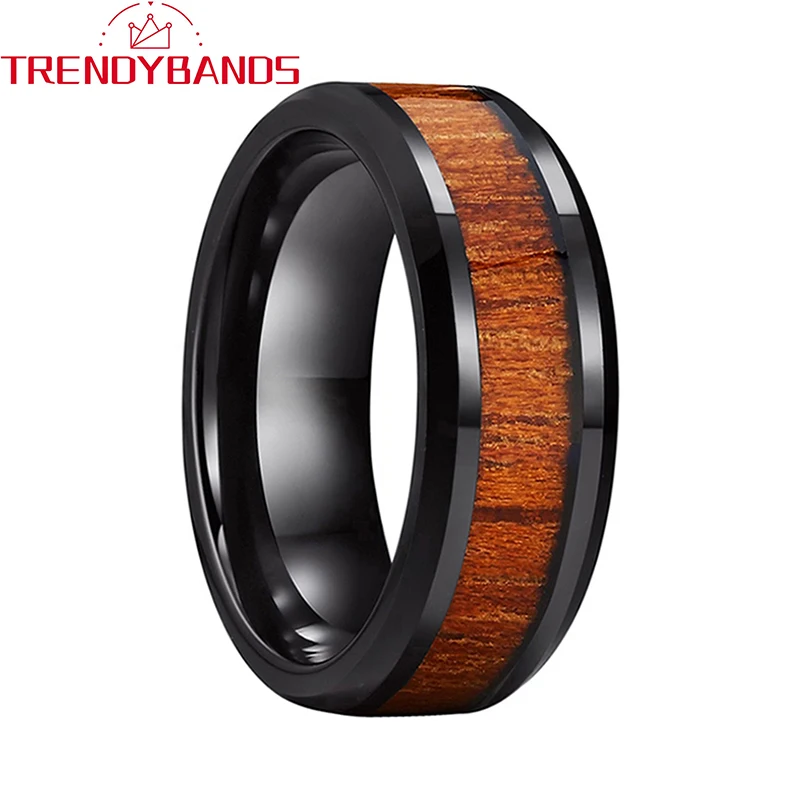 

8mm Koa Wood Inlay Tungsten Carbide Rings Wedding Bands For Men Women Polished Shiny Beveled Edges Comfort Fit