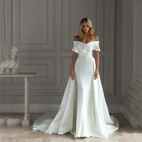 morden satin wedding dress with detachable overskirt off the shoulder bridal gowns 2 in 1custom made vestidos de novia