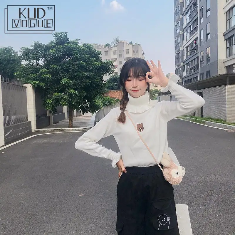 Harajuku Kawaii High Neck Sweater Korean Vintage Pullover Women Jumper Knitted Turtleneck Ruffle Cute Bear Slim Black | Женская одежда