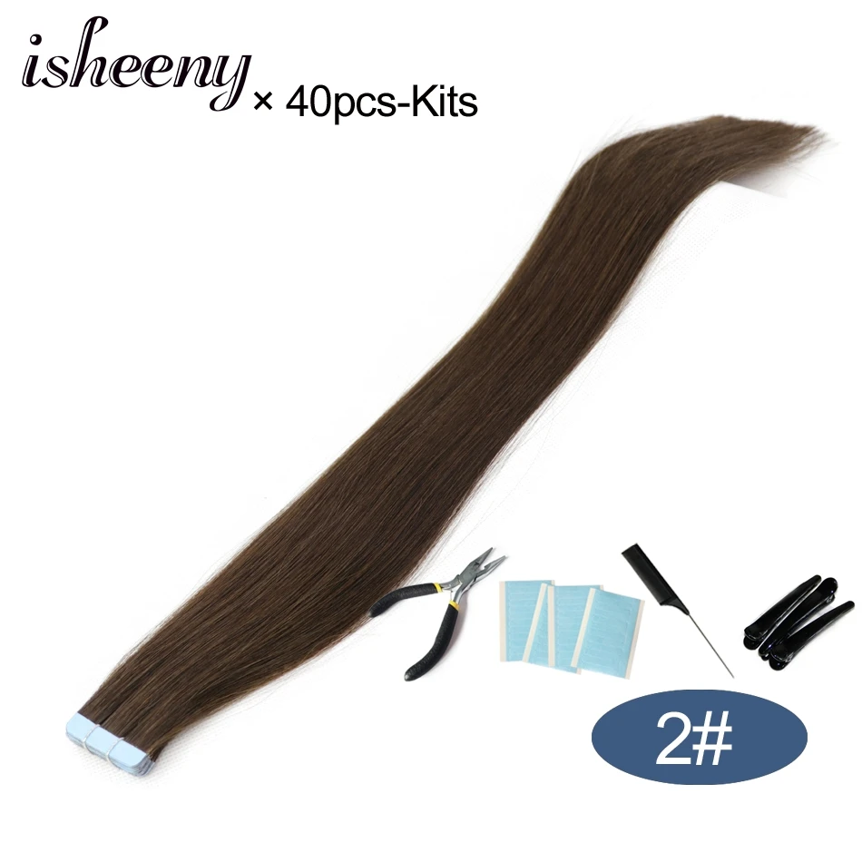 Isheeny 1" 18" 2" 22" 2" лента в Пряди человеческих волос для наращивания Прямой Реми на клей Невидимый PU выдвижение утка 14 цветов Выберите - Цвет: 2-40pcs