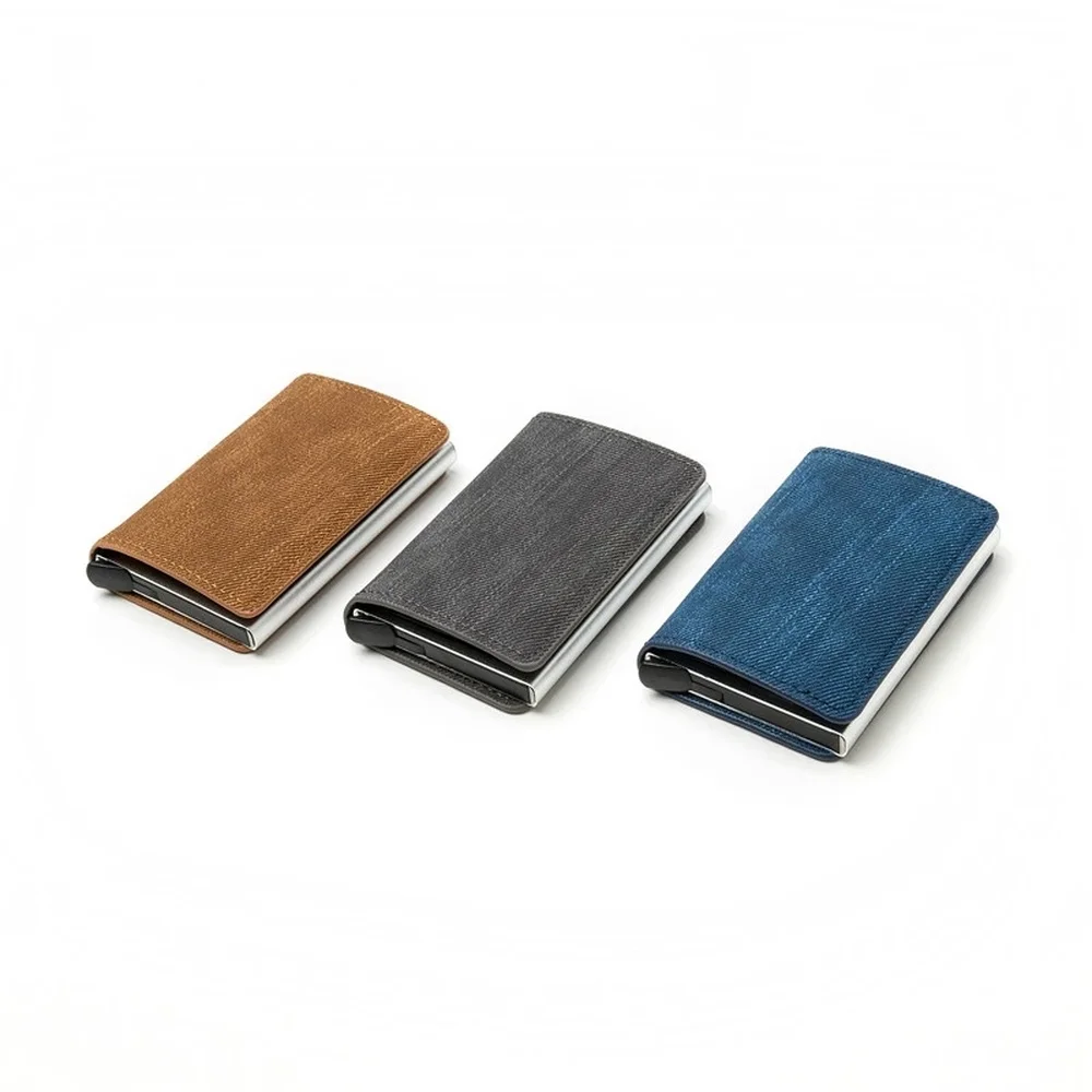 

Fashion Denim Men and Women Card Holder Wallet Business Pop-up Metal ID Case RFID Blocking Card Holder Anti-theft Clutch