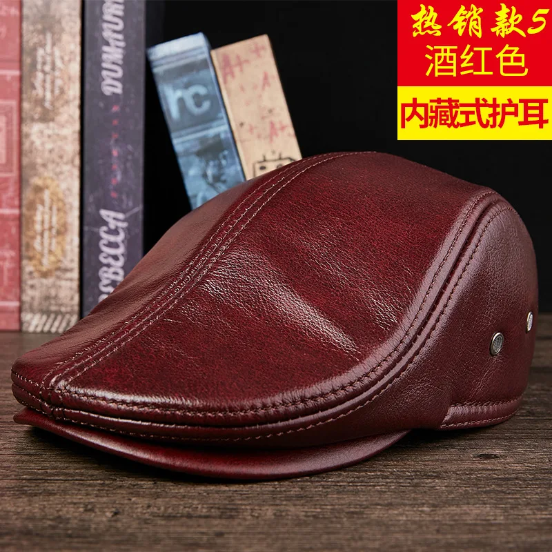 Wine red Натуральная кожа модная кепка мужская голова слой воловья кожа берет коровья кожа среднего возраста шляпа наушники - Цвет: Wine red