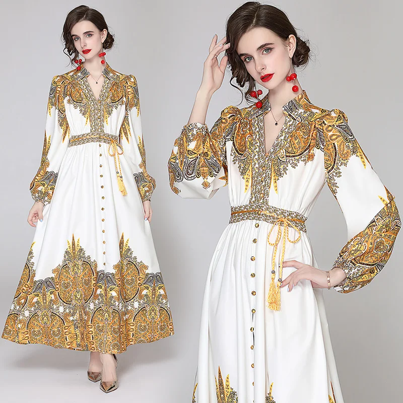 

Women Autumn Long Dress High Quality Vintage Printed V-neck Bubble Sleeve Slim Plus Size Polyester A-LINE Casual Mid-Calf Dress