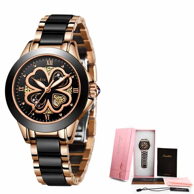 Rose gold black SUNKTA кварцевые женские часы модные водонепроницаемые часы женские керамические браслет часы девушка часы Relogio Feminino+ Bo - Цвет: Rose gold black