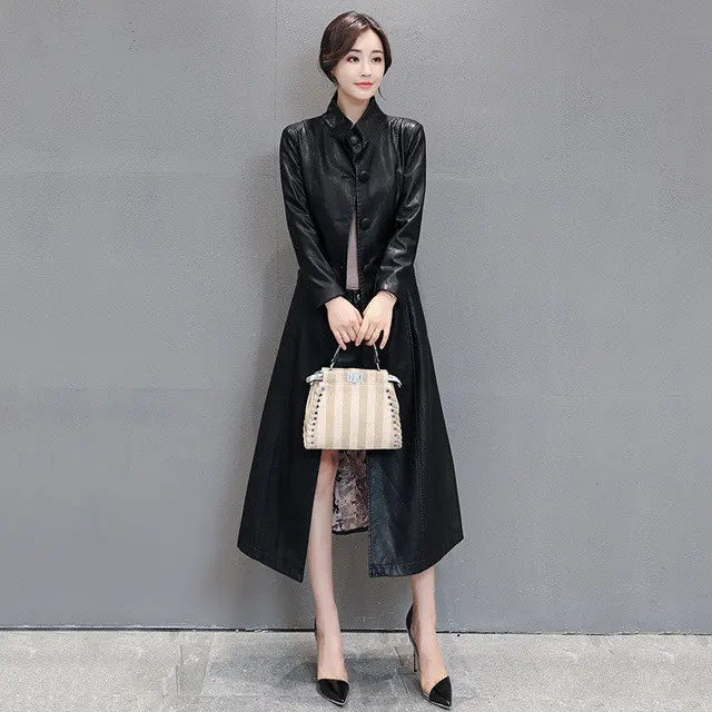 Женский Длинный плащ из искусственной кожи красный/черный с ремнем большой