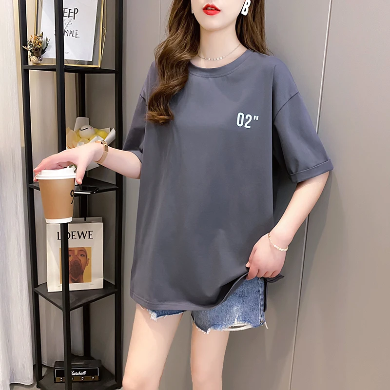 

Women Round neck Loose Plus Size Mid-length Tops 2021 Summer new Harajuku Solid T-shirt Women Short Sleeve T-shirt Cotton Tees