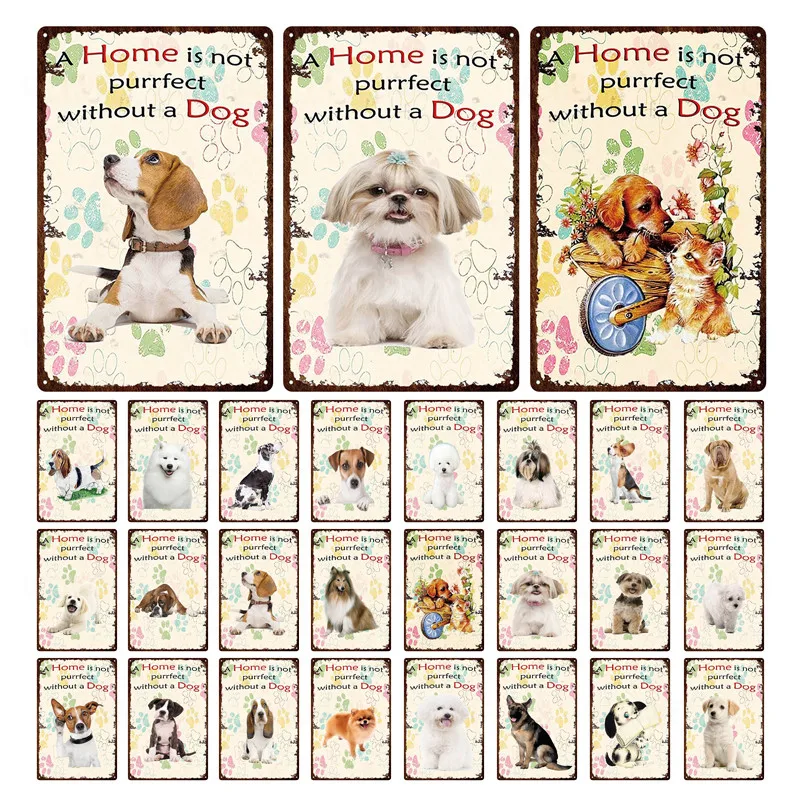 

Home Is Not Purrfect Without A Dog Plaque Metal Vintage Wall Bar Home Art Pet Shop Retro Craft Decor 30X20CM