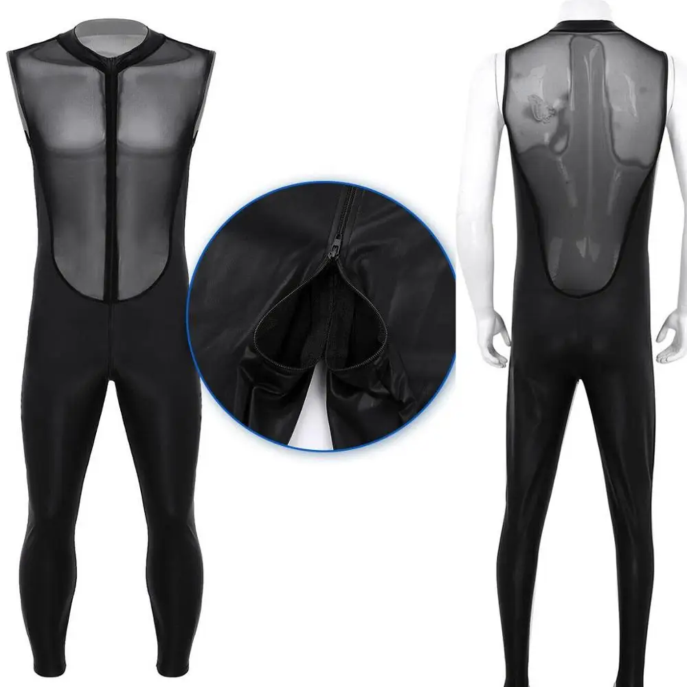 Сексуальный мужской комбинезон из кожи и сетки прозрачный топ с открытой