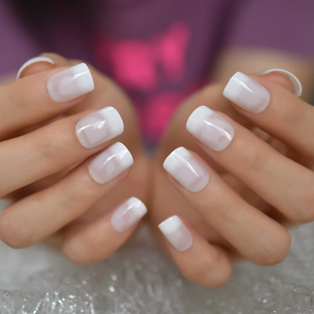 

Short White French Nail Square Daily Natural Artificial Nail Art Tips Glossy Wholesale Adhesive Gel Nails