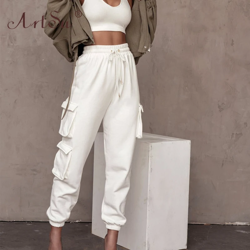 

ArtSu Casual Sweatpants Women Winter High Waist Solid Cargo Pants Streetwear Female Loose Joggers Black White Trousers 2020