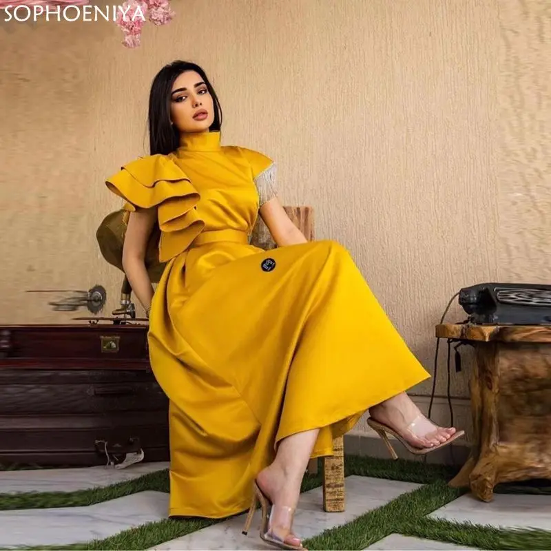 

New Arrival Satin A Line Evening Dresses Dubai Women High Neck Tassel Ruffles Tiered Sleeves Ankle Length Formal dress Robes