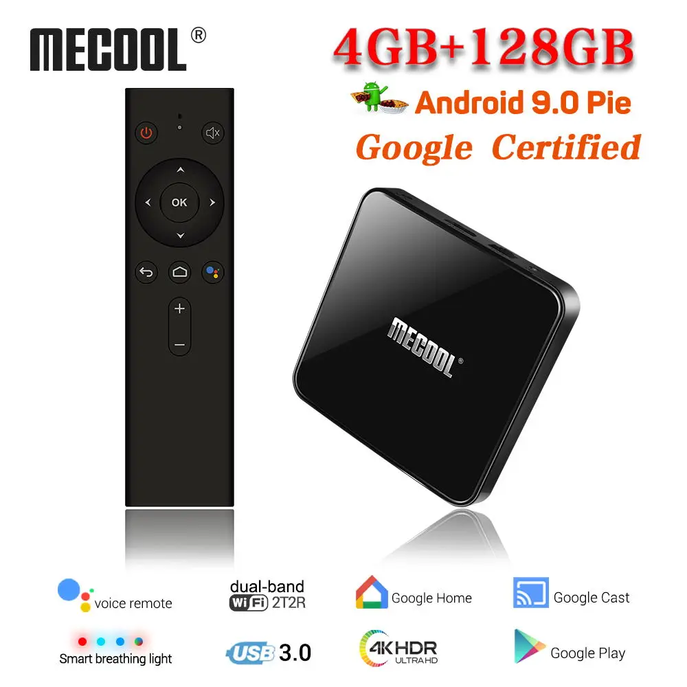 MECOOL 4G/128G KM3 Android 9,0 Smart tv Box DDR4 4K HDR Google Home Play Cast Ultra HD tv Box USB 3,0 медиаплеер Голосовое управление