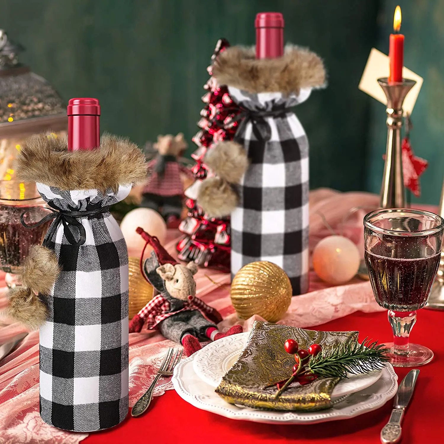 6 шт./компл. Рождественская клетчатая крышка в виде буйвола для винной бутылки
