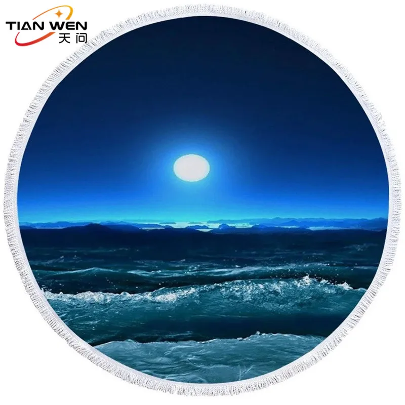 Круглое пляжное полотенце из микрофибры с морскими волнами плотное кисточками в