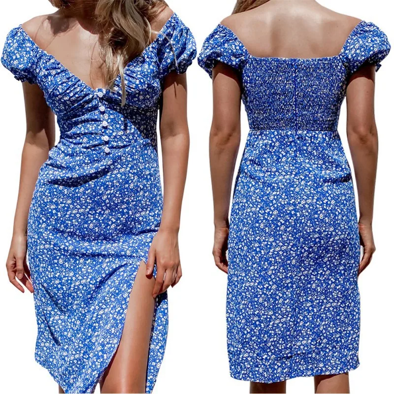 

Women Summer Fashion Dress Short Sleeve V-Neck Button Ladies Polka Dot Dress Split Vestidos For Femela Boho Beach Holiday Dress