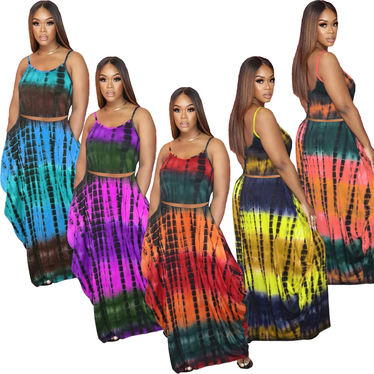 

Casaul Women Skirt Set Print Tie Dye Spaghetti Strap + Long Skirt Dress Summer Beach Clothes For Women Outfit