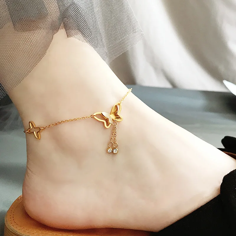 

MEYRROYU Stainless Steel Gold Color Butterfly Pendant Tassel Anklets Zircon Anklets 2021 New For Women Fashion Jewelry Gift
