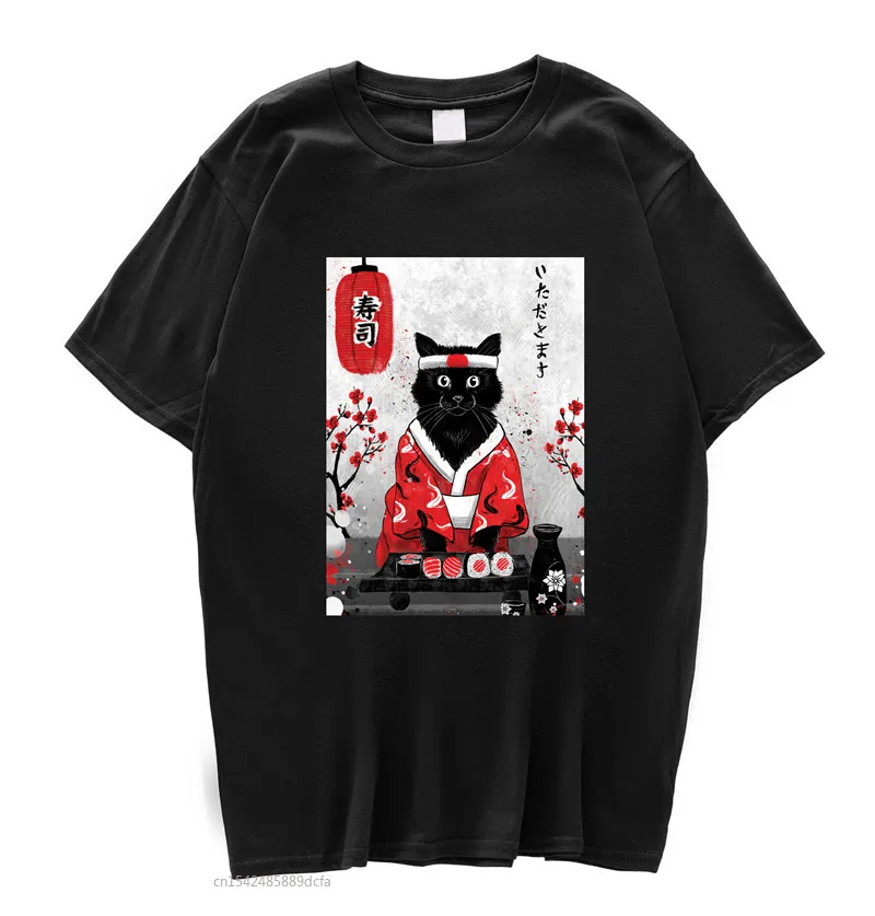 

2021 Japanese Sushi Cat T-shirt Summer Women Hip Hop Funny Cat Print T-shirt Streetwear Short Sleeve
