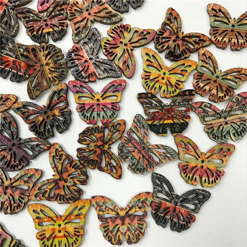 

150PCS Butterfly Shape 2 Holes Wooden Buttons Sewing Button Kids Scrapbooking DIY Gift Box Craft Wedding Decoration Random Color