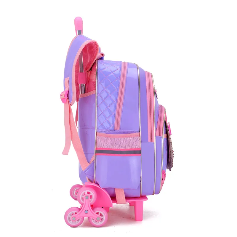 3Pcs/set Children School Bags Waterproof Girls Purple Princess Trolley Backpack Removable Kids Wheel Bag Travel Luggage Mochilas