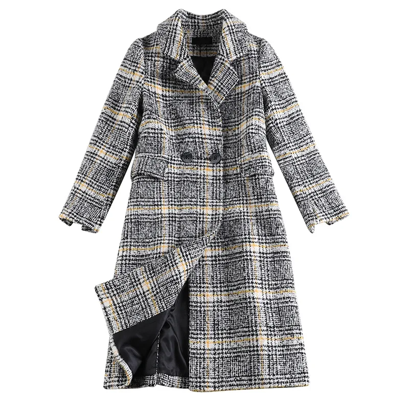 

Xl-5Xl Plus Size Grid Overcoat Long Women Woolen Coat Turn Down Collar Elegant Ladies Windbreaker Trench Jacket Spring Autumn