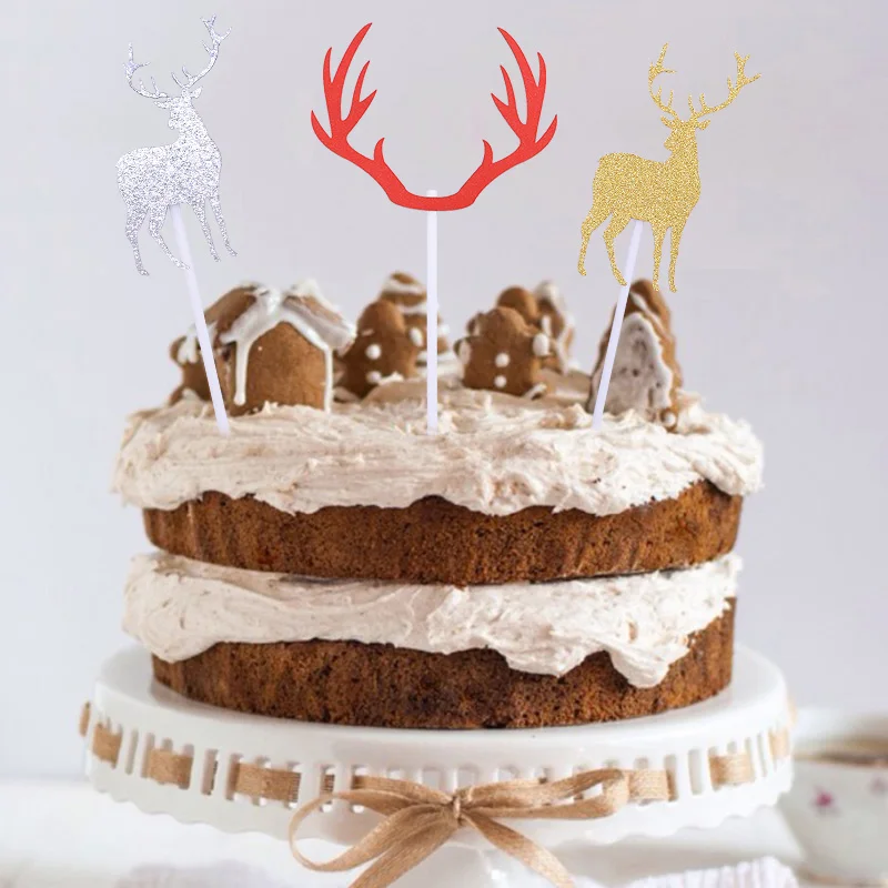 

10Pcs/20Pcs Jungle Animals Cake Toppers Gold Silver Elk Antlers DIY Birthday Party Decoration Merry Christmas Cupcake Topper