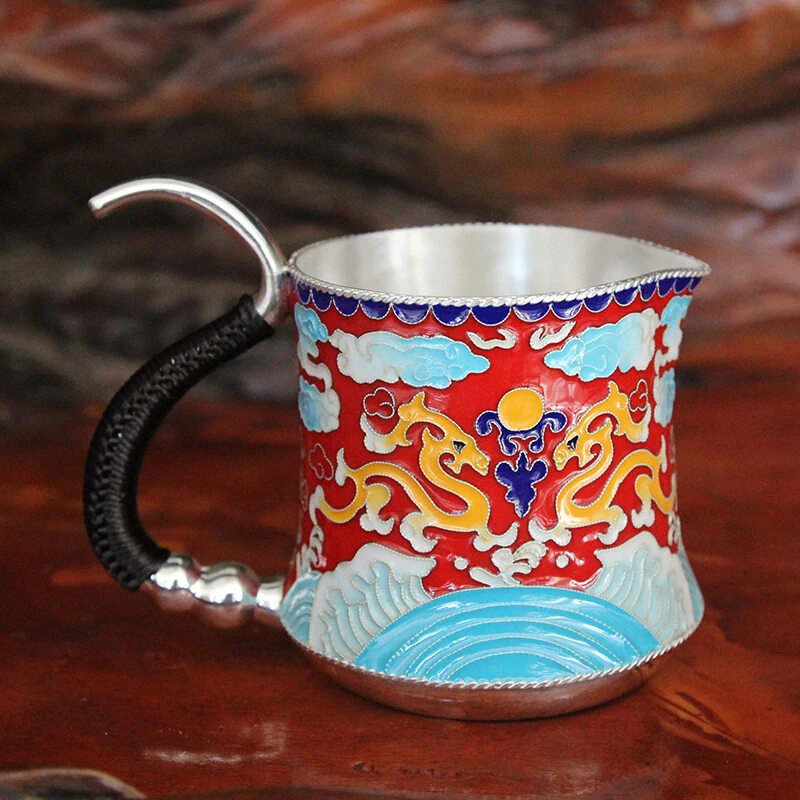 

High-end cloisonne 999 sterling silver fair cup Ssangyong play bead enamel handmade silver tea set creative tea accessories