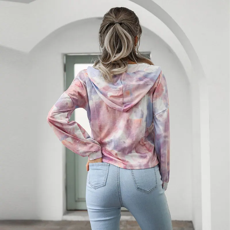 

Women 2021 New Casual Lantern Sleeve Hooded Lace Up Pullover Hoodies Top Ladies Streetwear Spring Fahion Tie-dye Hoodies