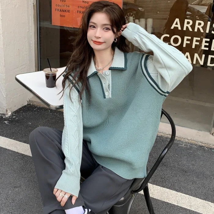 

2021 New Korean Fashion Commute Wild Lapel 3 Buttons Fake Two Piece Stitching Design Loose Sweater Knitted Pullover Sweaters