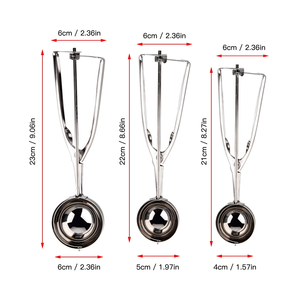 

3pcs/set Ice Cream Stack Scoop Stainless Handle Fruit Mashed Potatoes Scoop Spring Handle Scoop Kitchen Accessories Tool