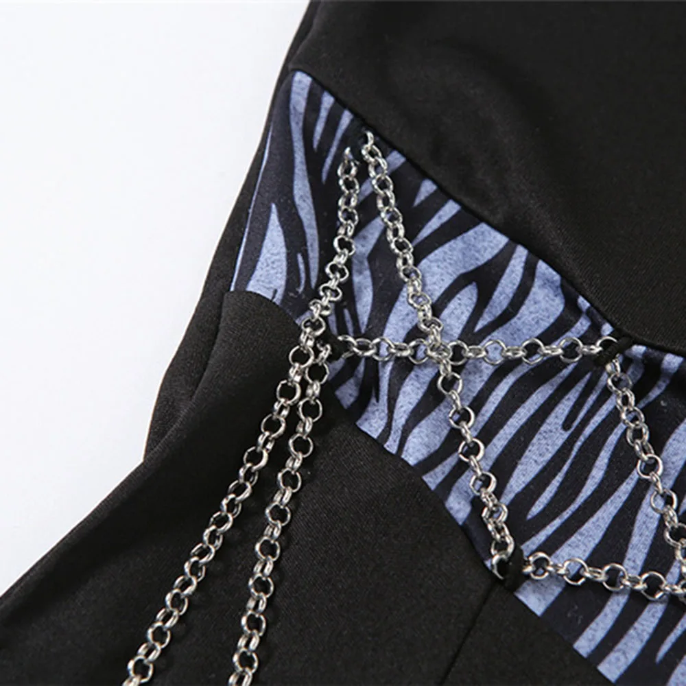 

Gothic 2021 Ladies Dress Summer Summer Casual Hipster Designer Creative Thin Split Fork Chain Splicing Stand-up Collar