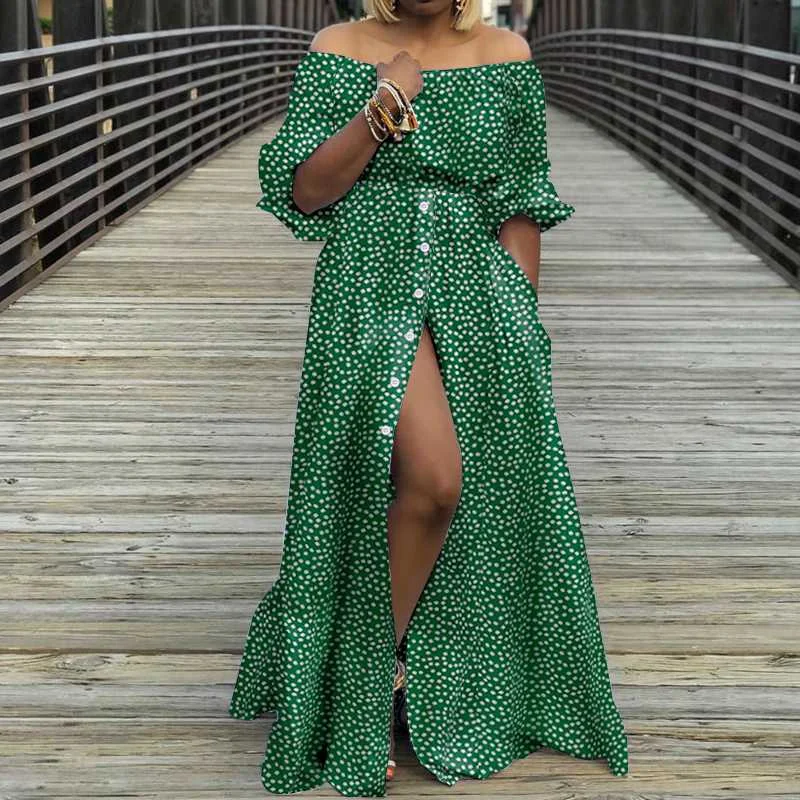 

Celmia 2022 Summer Women Sundress Fashion Off Shoulder Split Maxi Dress Floral Print Lantern Sleeve Casual Loose Party Vestidos