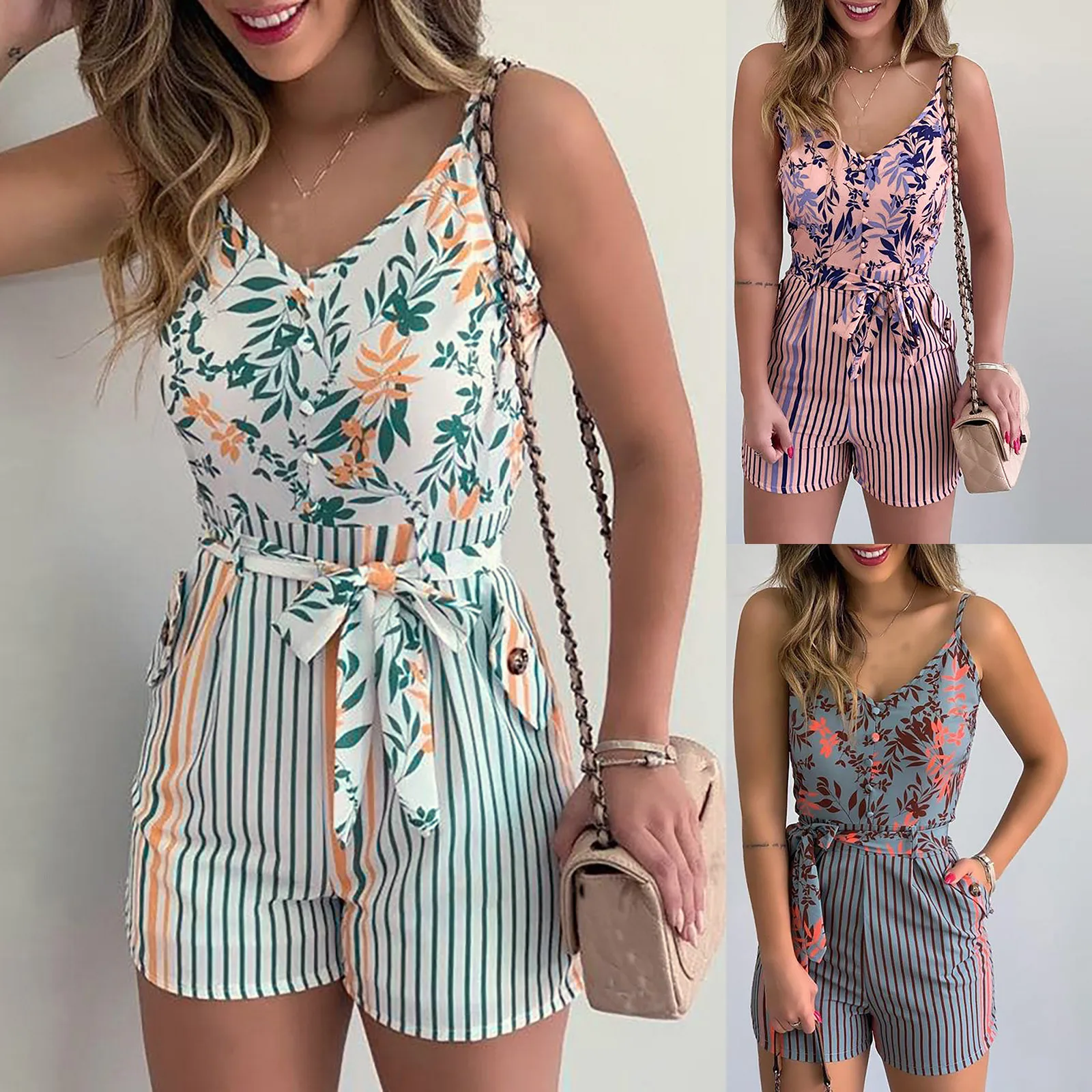 

Женский Летний комбинезон с тропическим принтом, повседневный облегающий пляжный комбинезон с коротким рукавом и V-образным вырезом, облег...