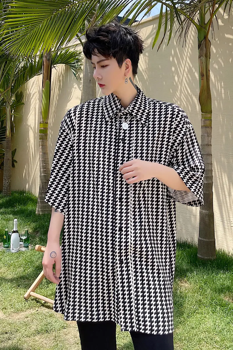 

IEFB Summer 2021 New Geometry Loose Print Men's Short Sleeve Shirt Korean Trend Causal Oversized Lapel Tops For Male 9Y7516
