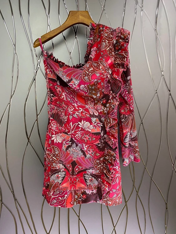 

Новинка 2021, женское модное асимметричное платье на одно плечо с длинным рукавом и принтом, 522