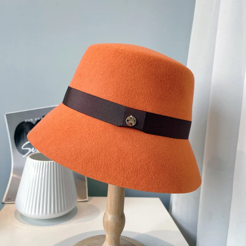 

French elegant simple pure color lady wool top hat felt hat fashion versatile artistic style ribbon fisherman hat basin hat