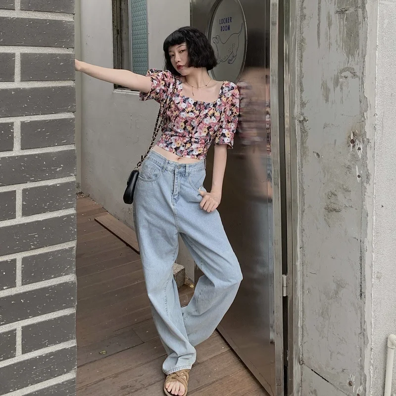 

Real Shot Cost-Effective Square Collar Floral Chiffon Shirt Short Sleeve