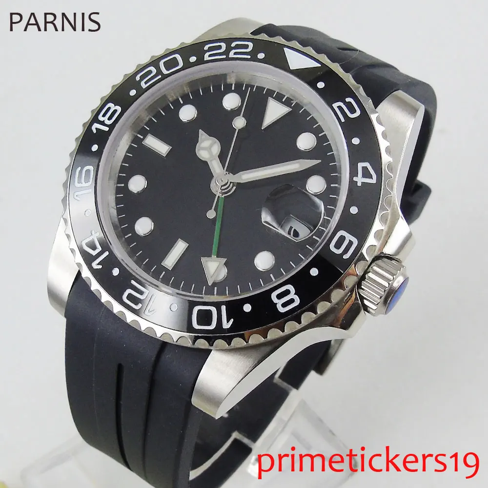 Parnis 40 мм GMT автоматические мужские часы с сапфировым стеклом черный Циферблат