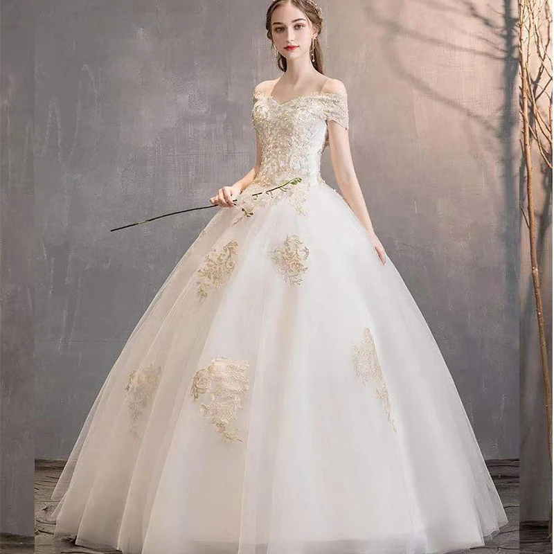 

Wedding Dresses Illusion V-Neck Short Pearls Embroidery Off The Shoulder Backless Tulle Lace Luxury White Women Bride Gown GB283