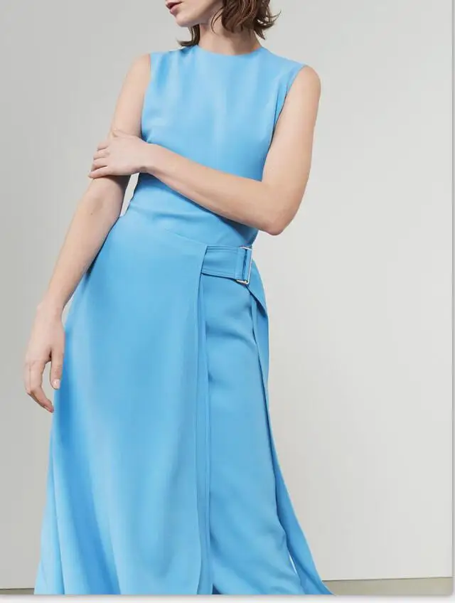 Женское платье для подиума, высокое качество, летняя мода, круглый вырез, без рукавов, с разрезом спереди, сплошные, элегантные платья NP0300J