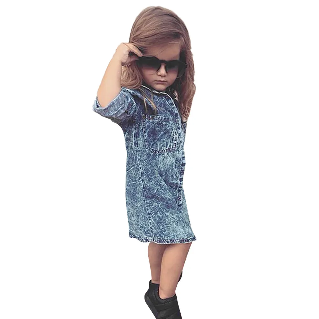 New 2019 Fashion Toddler Baby Girls Long Sleeve Solid Denim Shirt Dress Jean Dresses Mother &amp Kids Casual Party | Детская одежда и